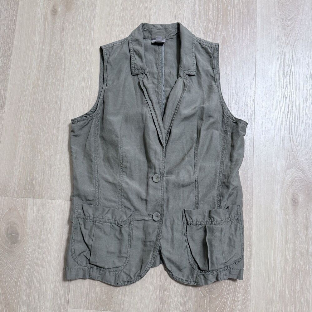 Silk Linen Safari Vest M J. Jill Army Green Cargo Boho Military Coastal Utility
